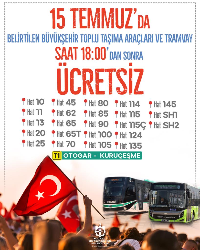   Büyükşehir’den 15 Temmuz’da Ücretsiz Ulaşım Hizmeti   